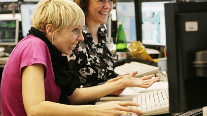 FRANKFURT -- Stock traders laugh as they watch the up turn in the DAX index of 30 leading German shares which soared over five percent in early trade after European leaders agreed to inject billions of dollars into troubled banks in an attempt to restore confidence in the financial system.