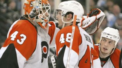 The Flyers' Martin Biron and Danny Briere (48) need to regain their swagger if they hope to beat the Penguins tonight.