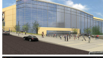 The Centre Avenue entry plaza for the Penguins' new arena. This version is adapted from previous drawings.