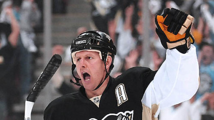 Gary Roberts celebrates his goal in the first period against the Senators at the Mellon Arena last night.