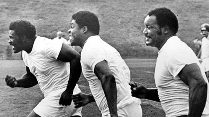 From left to right, running a 40 yard dash are the Steelers' Joe Greene, Dwight White and Ernie Holmes.