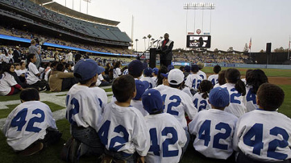 Oscar-winning actor Lou Gossett Jr. speaks before the Los Angeles Dodgers'' baseball game against the  Pirates in Los Angeles, Tuesday last niht. Gossett was part of the events to celebrate the 61st anniversary of Jackie Robinson breaking major league baseball's color barrier.