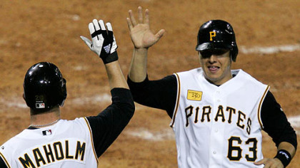 Paul Maholm (28) and teammate Luis Cruz (63) score on a three-run fifth-inning double by Pirates' Nate McLouth in a baseball game against the St. Louis Cardinals at PNC Park last night.