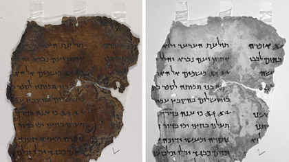JERUSALEM --  A combination of handout photos, provided by the Israeli Antiquities Authority (IAA). shows a normal color image, at left, of a fragment of the Dead Sea Scrolls and the same fragment as seen by a high resolution single wavelength infrared imager. Each of the thousands of Dead Sea Scrolls fragments belonging to about 900 manuscripts will be copied using these two digital techniques and also a third technique to assess their condition. The images will available to the public via internet.