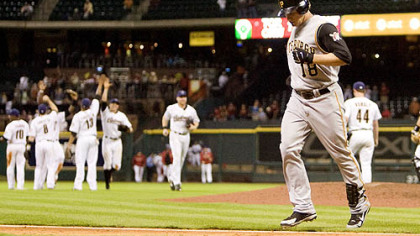 Jason Michaels (18) runs off the field after hitting into a game-ending double play in a baseball game in Houston last night. Houston won 6-0.