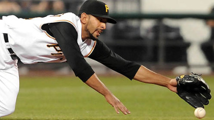 Jose Bautista dives for a ball in the third inning last night.