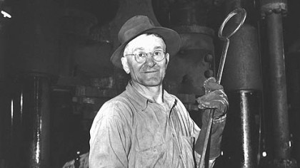 Hungarian-American employee at the Carnegie-Illinois Steel Corp. Homestead Steel Works Press Shop in 1944.