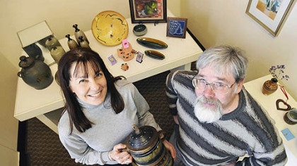 Michael Henninger/Post-Gazette
Linda and Jim Winegar at the Artists' Co-op in Washington, where the exhibit "Frankly Speaking" is set to run from March 6 to 31. The exhibit will honor Frank Ross, a teacher and artist who mentored several of the region's well-known artists, including Linda and Jim Winegar of Graysville. They and five of his other former students will submit works for the exhibit.