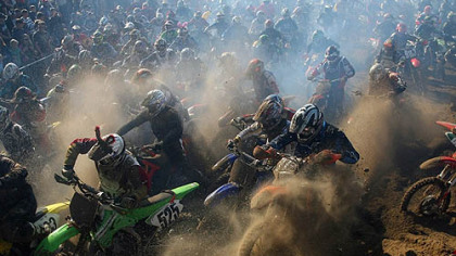 WESTON-SUPER-MARE, United Kingdom -- Motorcyclists struggle as to get over the first sand jump in the three-hour long 26th annual Enduro beach race along Weston beach front in England.
