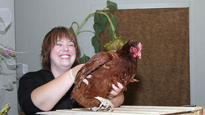Megan Cook with Rhode Island Red hen.