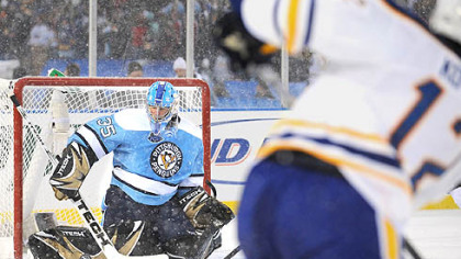Penguins goalie Ty Conklin makes a save on Buffalo's Ales Kotalik in the third period. His biggest saves were yet to come in Tuesday's historic win.