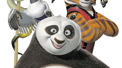 Counter clockwise from bottom: Dustin Hoffman is the voice of Master Shifu, trainer of the Furious Five: Jack Black as Po the panda; Angelina Jolie as Tigress;  Jackie Chan as Monkey; Seth Rogen as Mantis; David Cross as Crane and Lucy Liu as Viper.