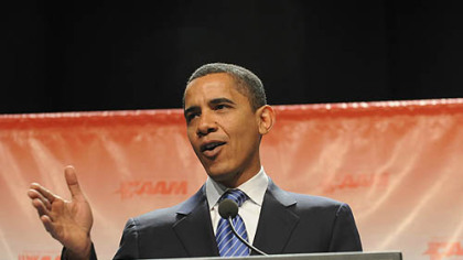 Sen. Barack Obama speaks at the David L. Lawrence Convention Center in Pittsburgh on Monday.