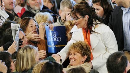Gov. Sarah Palin greets supporters after speaking Friday morning at Arnold Palmer Regional Airport in Latrobe, Westmoreland County.