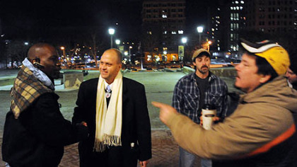 From left to right, Herb Bland, Sabatino DiNardo, Brian Hepp and Joe Bahorich gather outside the Soldiers & Sailors Memorial Hall before their union vote on the tentative Port Authority contract last evening.