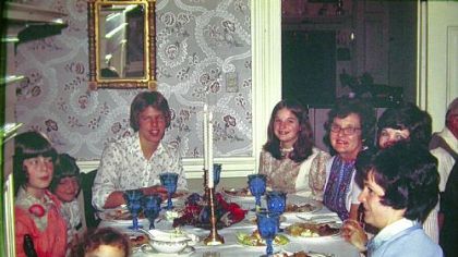 Family members gather at the Beinlich farm for Thanksgiving in 1975. Norma Beinlich, Nan, is on the right, wearing glasses. Rebecca Sodergren is the little girl on the lower left.