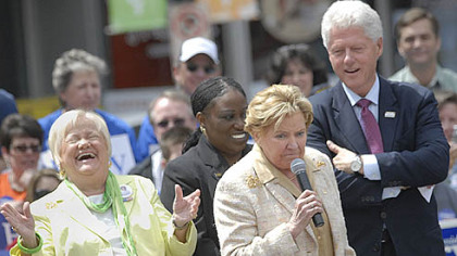 Lt. Gov. Catherine Baker Knoll steals the show April 21 in Market Square at a primary campaign rally for Sen. Hillary Rodham Clinton attended by her husband, former President Bill Clinton. Turning on Allegheny County Executive Dan Onorato and Pittsburgh Mayor Luke Ravenstahl, she said "They never recognize the lieutenant governor. These two men can't stand women." At left is Jean Milko, vice-chairman of the state Democratic Party.