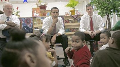 President-elect Barack Obama, center, flanked by Education Secretary-designate Arne Duncan, right, and Vice President-elect Joe Biden, visit students at the Dodge Renaissance Academy in Chicago last week, Students in the Pittsburgh area have written to the president-elect in anticipation of his inauguration.
