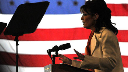 Backed by an American flag, 
Alaska Gov. Sarah Palin, the Republican Party's 2008 nominee for vice president, addresses the crowd in Latrobe, 31 October 2008.