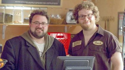 Kevin Smith and Seth Rogen at the Bean-N-Gone coffee shop in Monroeville.