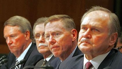 Auto and union executives, from left, General Motors Chief Executive Officer Richard Wagoner, UAW President Ron Gettelfinger, Ford Chief Executive Officer Alan Mulally, and Chrysler Chief Executive Officer Robert Nardelli testify on Capitol Hill in Washington, before a Senate Banking Committee hearing on the auto industry bailout.
