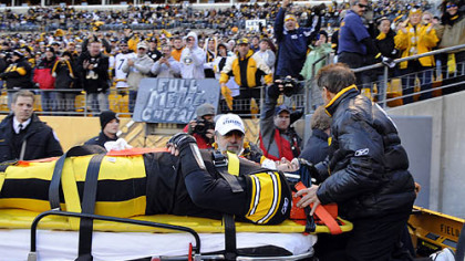 Ben Roethlisberger is taken off the field on a cart after being injured in the final minutes of the second quarter of today's game against the Cleveland Browns at Heinz Field.