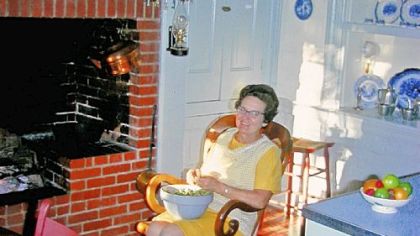 Norma Beinlich, called Nan "by everyone == not just her grandkids," in her farmhouse kitchen around 1963.