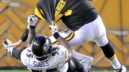 Baltimore's Terrell Suggs sacks Ben Roethlisberger Sept. 29 at Heinz Field.