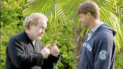 Director Ridley Scott and actor Russell Crowe during the filming of "A Good Year," released in 2006.