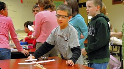 Jaz Wolfe, 10, prepares to fly his glider in the Technology in Motion class taught by Frank Kruth at South Fayette Middle School.