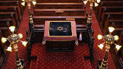 NEW YORK -- The recently restored Eldridge Street Synagogue, a National Historic Landmark, features elaborate lighting as seen from a balcony.