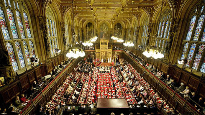 LONDON -- Britain's Queen Elizabeth II delivers her speech during the State Opening of Parliament, Dec. 3, in The House of Lords. She unveiled the government's legislative program, with emphasis on bolstering the economy.