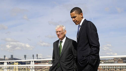 Senator Barack Obama walks with Steelers owner Dan Rooney to a rooftop deck on the David L. Lawrence Convention Center, Downtown, to get a view of Heinz Field in April of this year.