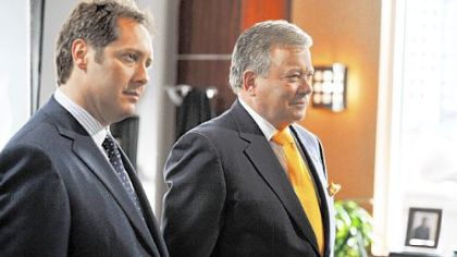 Alan Shore (James Spader, left) tries to convince the Massachusetts Supreme Court to let his best friend Denny Crane (William Shatner) have access to an experimental drug treatment in the finale of ABC's "Boston Legal."