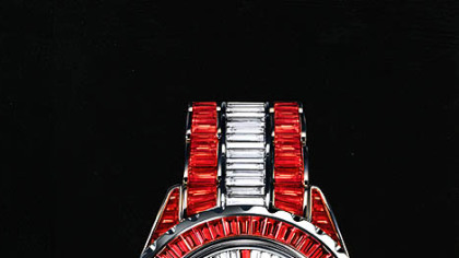 Chanel's J12 Joaillerie Limited Edition watch with 520 baguette-cut rubies and 198 baguette-cut diamonds.
