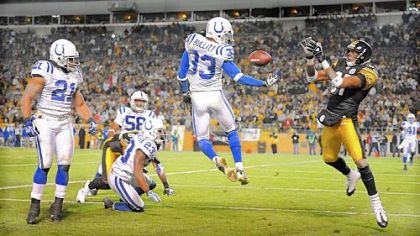 Steelers receiver Dallas Baker misses making the catch in the end zone on the last play of the game as the Colts' Melvin Bulitt breaks up the pass yesterday at Heinz Field.