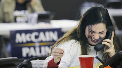 Lucy Malkani, of Ben Avon, makes calls on behalf of the McCain/Palin campaign at McCain headquarters in Greentree, yesterday.