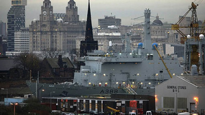 BIRKENHEAD, U.K. -- The Royal Navy's fleet auxillary ship, Fort George, sits in the dock at Cammell Laird shipyard. Although, the company closed in 2001,the former management has rejuvenated the business and now has full orders for production. The former Northwestern Shiprepairers and Shipbuilders Ltd. changed the name to Cammell Laird.