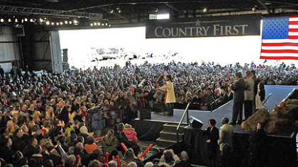 Sarah Palin works up the crowd at a "Road to Victory" rally in Latrobe.