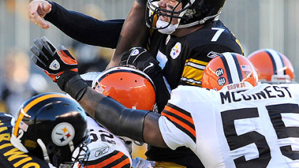 Ben Roethlisberger is sacked by the Browns defense with less than two minutes remaining in today's first half, receiving an injury that forced him off the field on a stretcher.