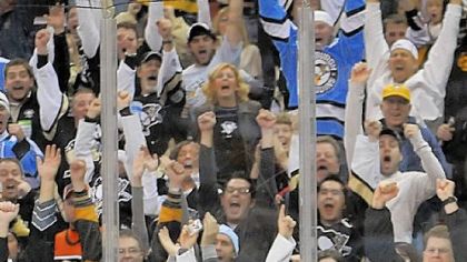 Alex Goligoski celebrates after scoring the winning goal in the shootout against the Flyers last night at Mellon Arena.