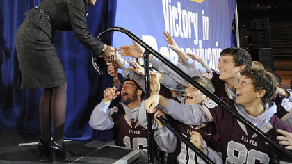 Gov. Sarah Palin shakes hands with members of the Beaver Area High School football team after speaking at a campaign rally at Beaver Area High School yesterday.