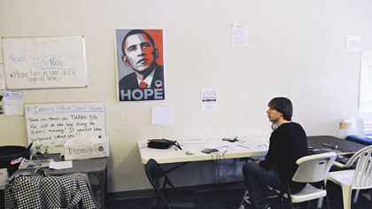 David Sangalli, of New York City,  works the phones in the Mt. Lebanon office of  the Obama Campaign.
