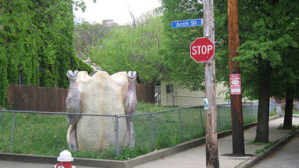 Milwaukee artist Nicolas Lampert drove his "Attention Chicken!" sculpture to Pittsburgh for the "Street With a View" shoot. It appears at the corner of Arch Street and Sampsonia Way.