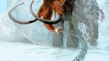 This artist's rendering, provided by the Mammoth Genome Project, Penn State University, portrays the unraveling of the genetic code of an extinct animal, the Ice Age's woolly mammoth -- here encased in ice.