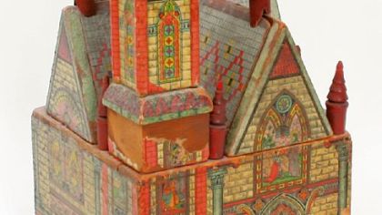 This color church, made by Bliss in 1895, is lithographed paper over wood. It is estimated to sell for $1,000 to $1,500.