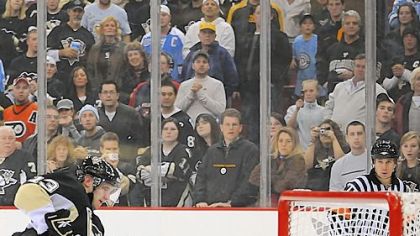 Alex Goligoski nets the winning goal in the shootout against Flyers goalie Martin Biron Thursday at Mellon Arena.