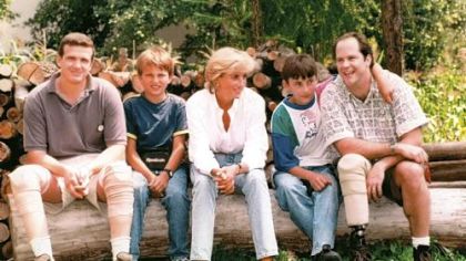 Princess Diana, and Ken Rutherford and Jerry White, right, who together founded Landmine Survivors Network, now Survivor Corps, with two Bosnian survivors in July 1997.